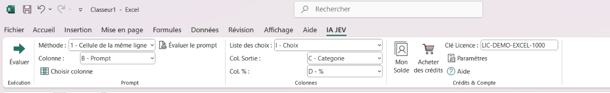 Onglet IA JEV du ruban Excel : bouton Évaluer, choix de la méthode et de la colonne du prompt, colonnes des choix, de sortie et du pourcentage, Mon Solde, Acheter des crédits, clé de licence, Paramètres et Aide
